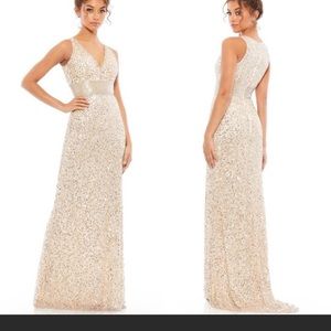 MAC DUGGAL High Neck Nude Gold Sequin Deep V Gown Dress